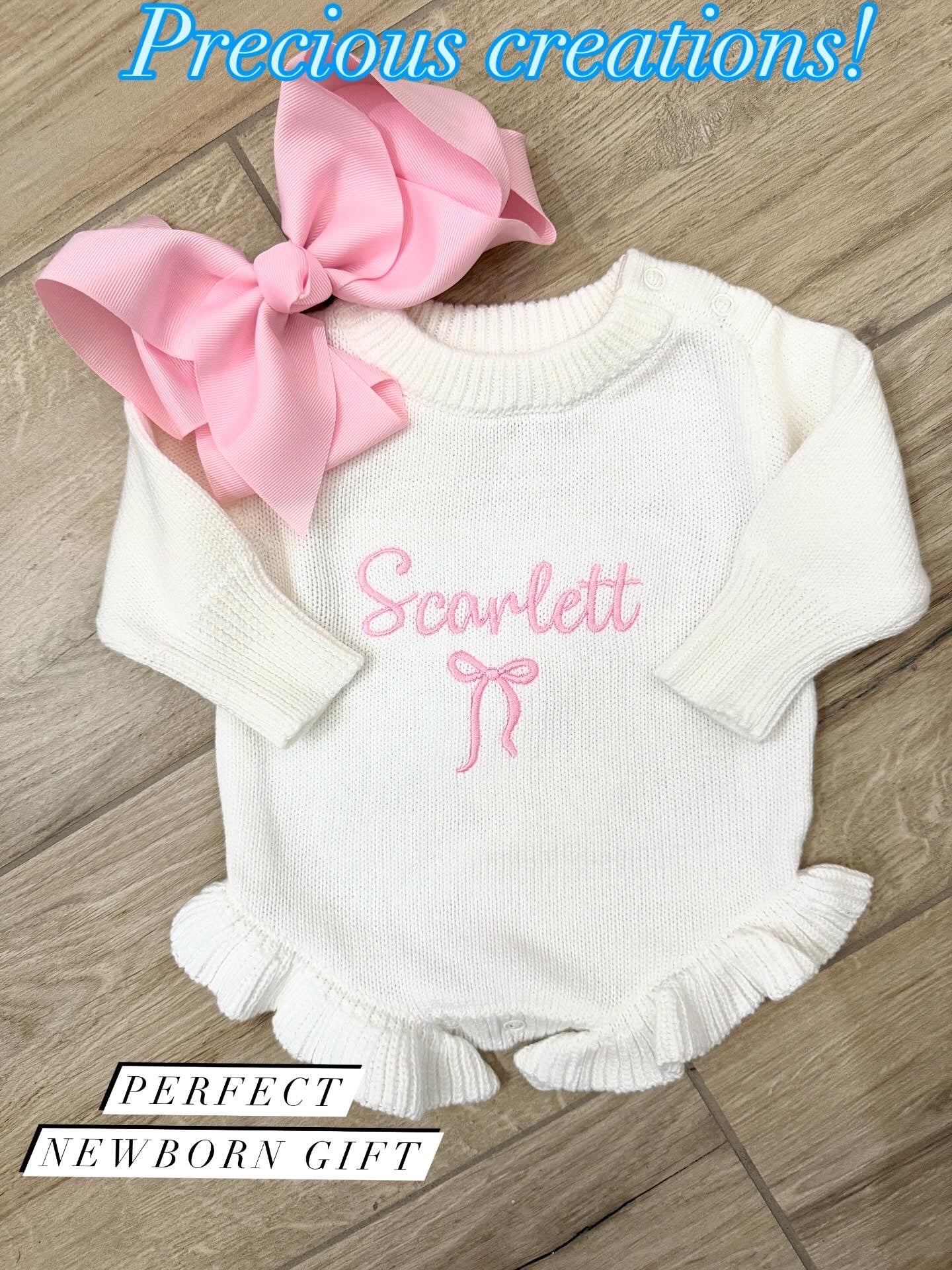 Personalized Baby Girl Knit Romper with Name Embroidered