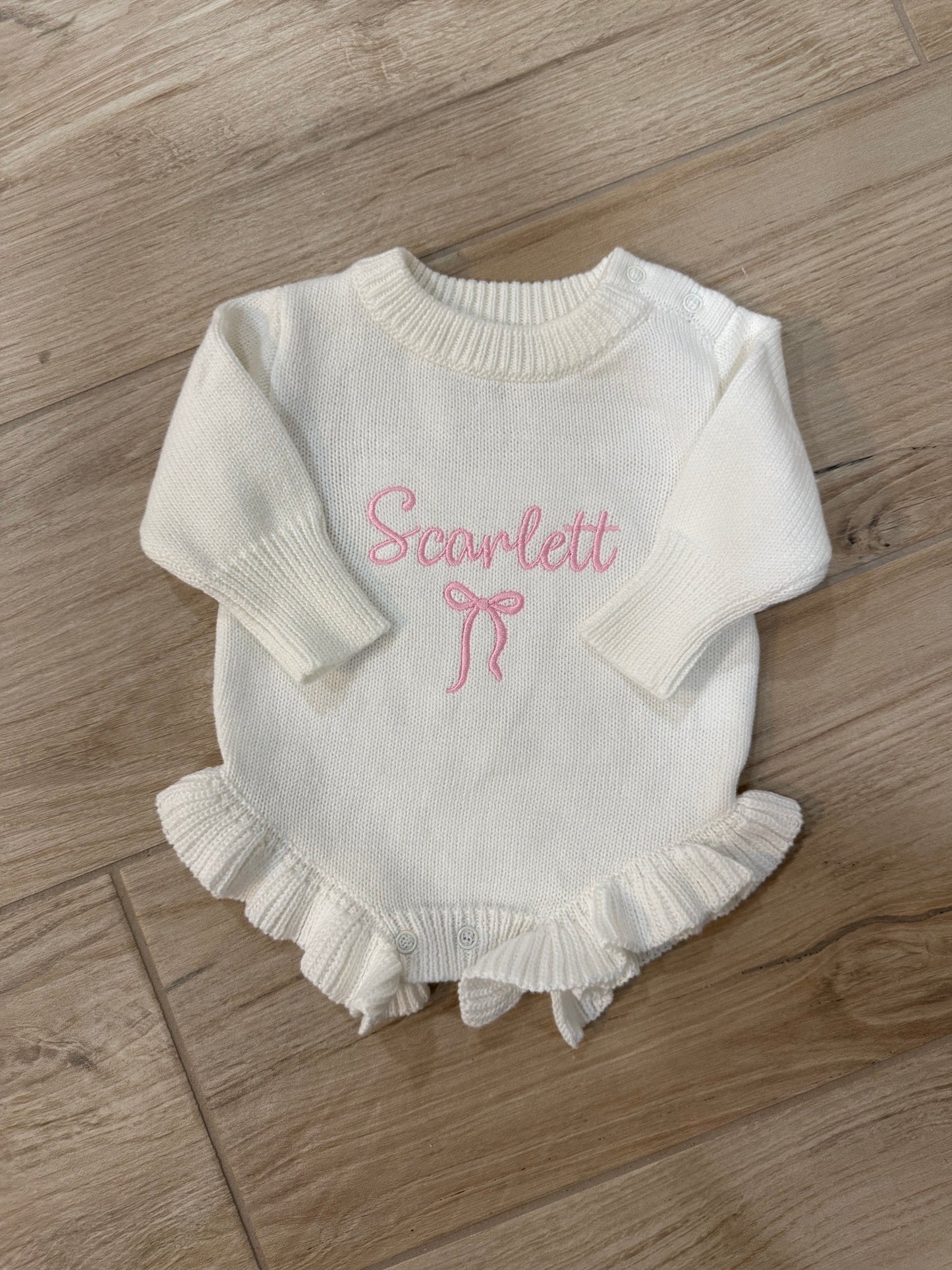 Personalized Baby Girl Knit Romper with Name Embroidered