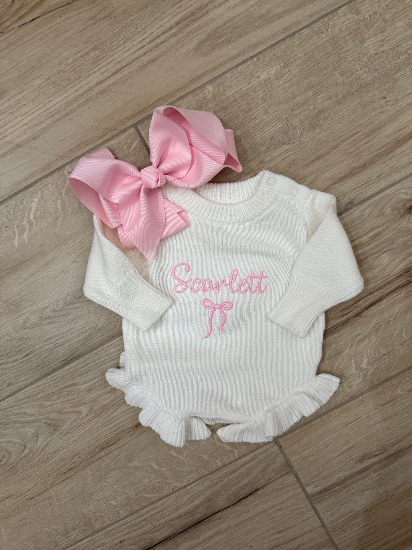 Personalized Baby Girl Knit Romper with Name Embroidered