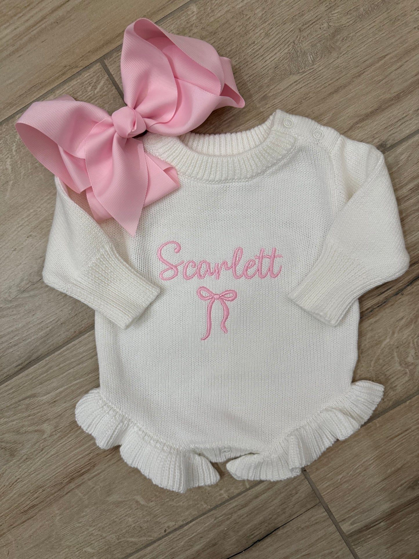 Personalized Baby Girl Knit Romper with Name Embroidered