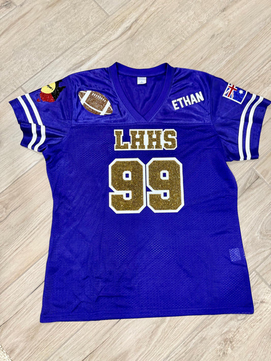 Custom Football Jersey with Glitter and Rhinestones – Bling Game Day Shirt – Personalized Team Name, Number, Sparkle Sports Jersey for Women