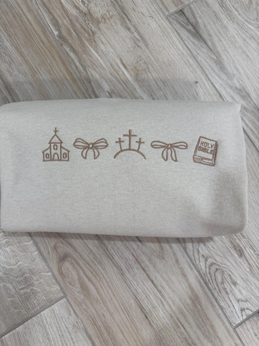 Embroidered Christian Faith Design Sweatshirt | Church, Cross, Bible & Ribbon Motif