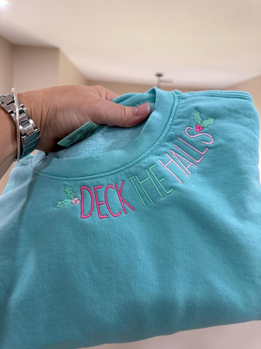 Deck the Halls Pastel Christmas Sweatshirt – Holiday Cozy Crewneck | Vintage Pastel Christmas Print | Holiday Sweater Embroidered Sweatshirt