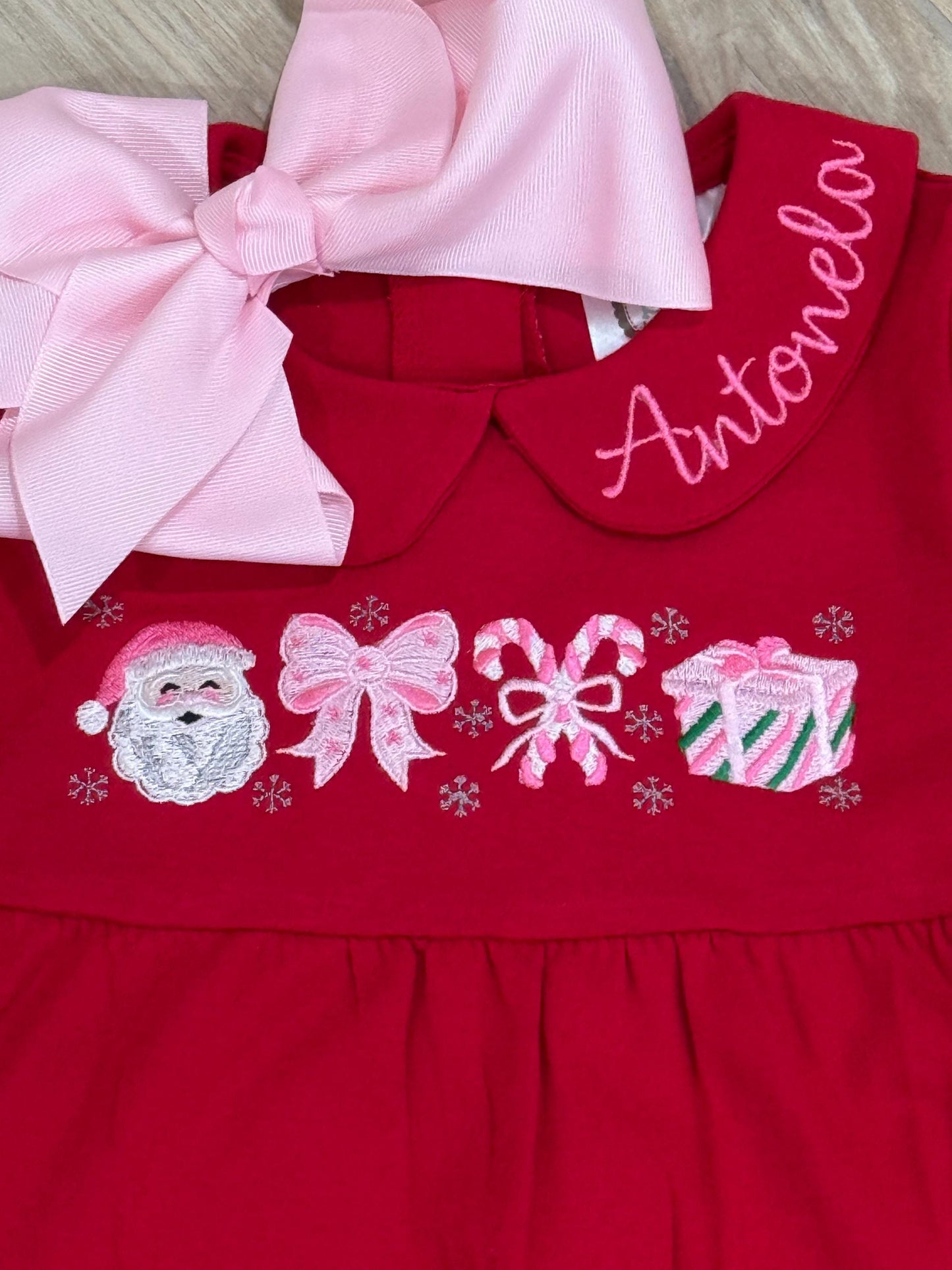 Christmas Embroidered Baby Romper – Holiday Outfit, Red Peter Pan Collar Romper, Baby Toddler Christmas Clothing, Personalized Gift