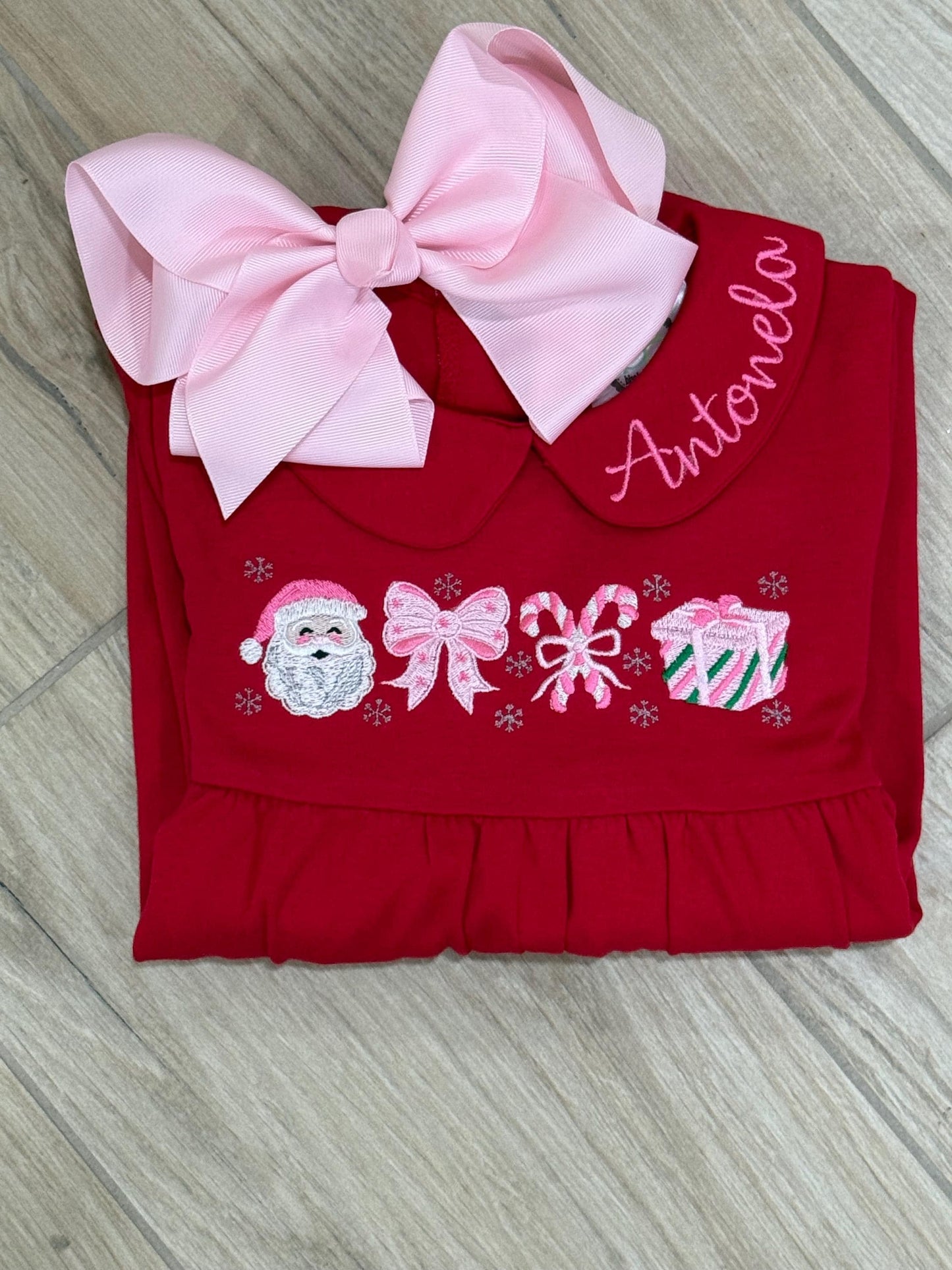 Christmas Embroidered Baby Romper – Holiday Outfit, Red Peter Pan Collar Romper, Baby Toddler Christmas Clothing, Personalized Gift
