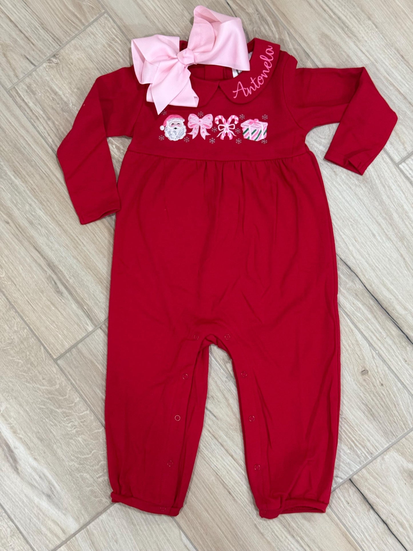 Christmas Embroidered Baby Romper – Holiday Outfit, Red Peter Pan Collar Romper, Baby Toddler Christmas Clothing, Personalized Gift