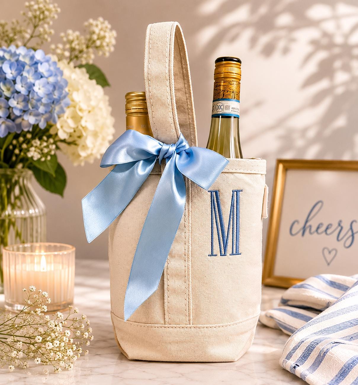 Personalized Embroidered Wine Tote Bag, Custom Name Wine Carrier, Bridesmaid Wine Bag, Monogrammed Canvas Wine Bottle Bag, Hostess Gift