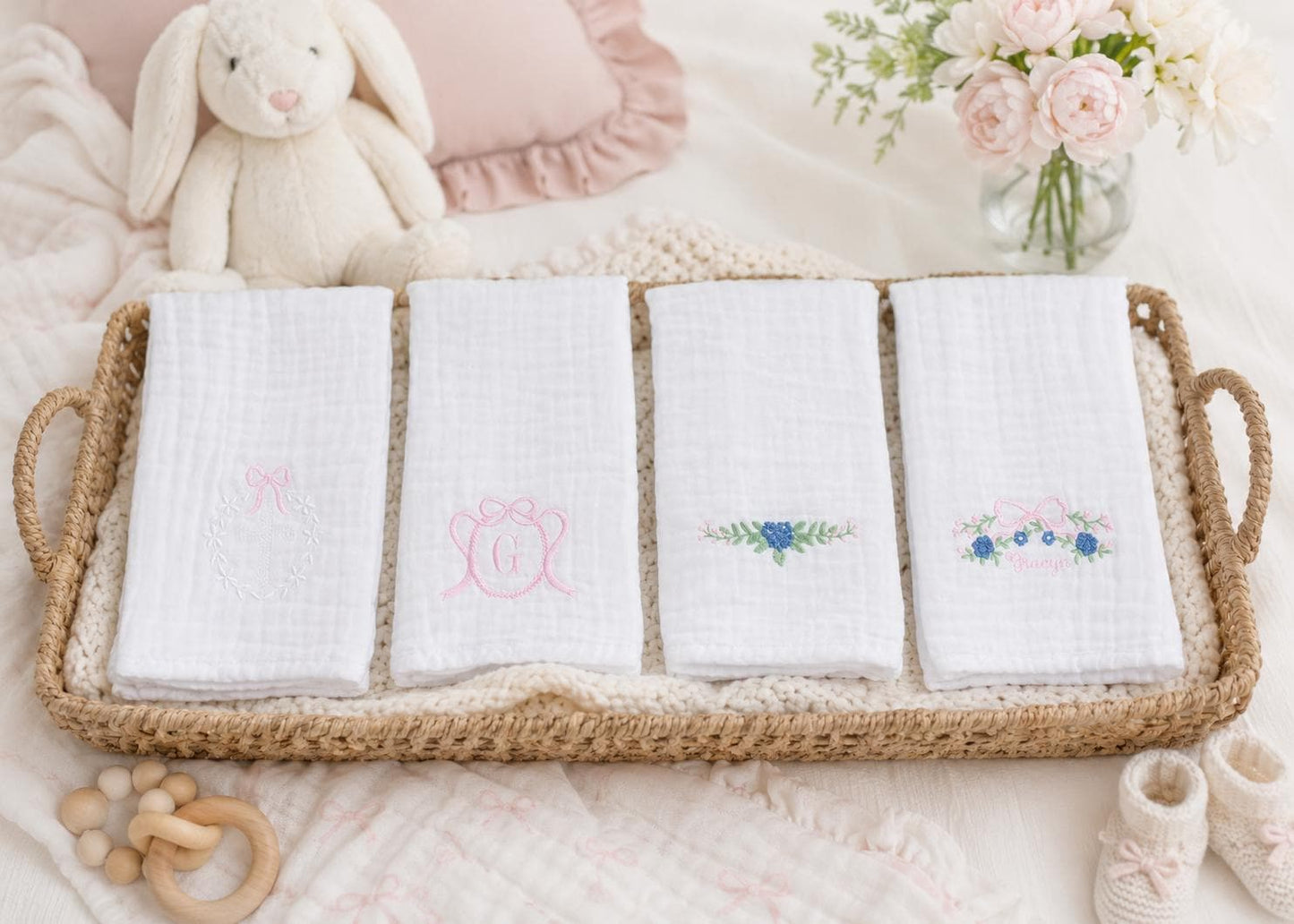 Custom Embroidered Muslin Baby Girl Burp Cloths and Bibs, Monogrammed Newborn Gift, Applique, Pink Bows and Floral Designs