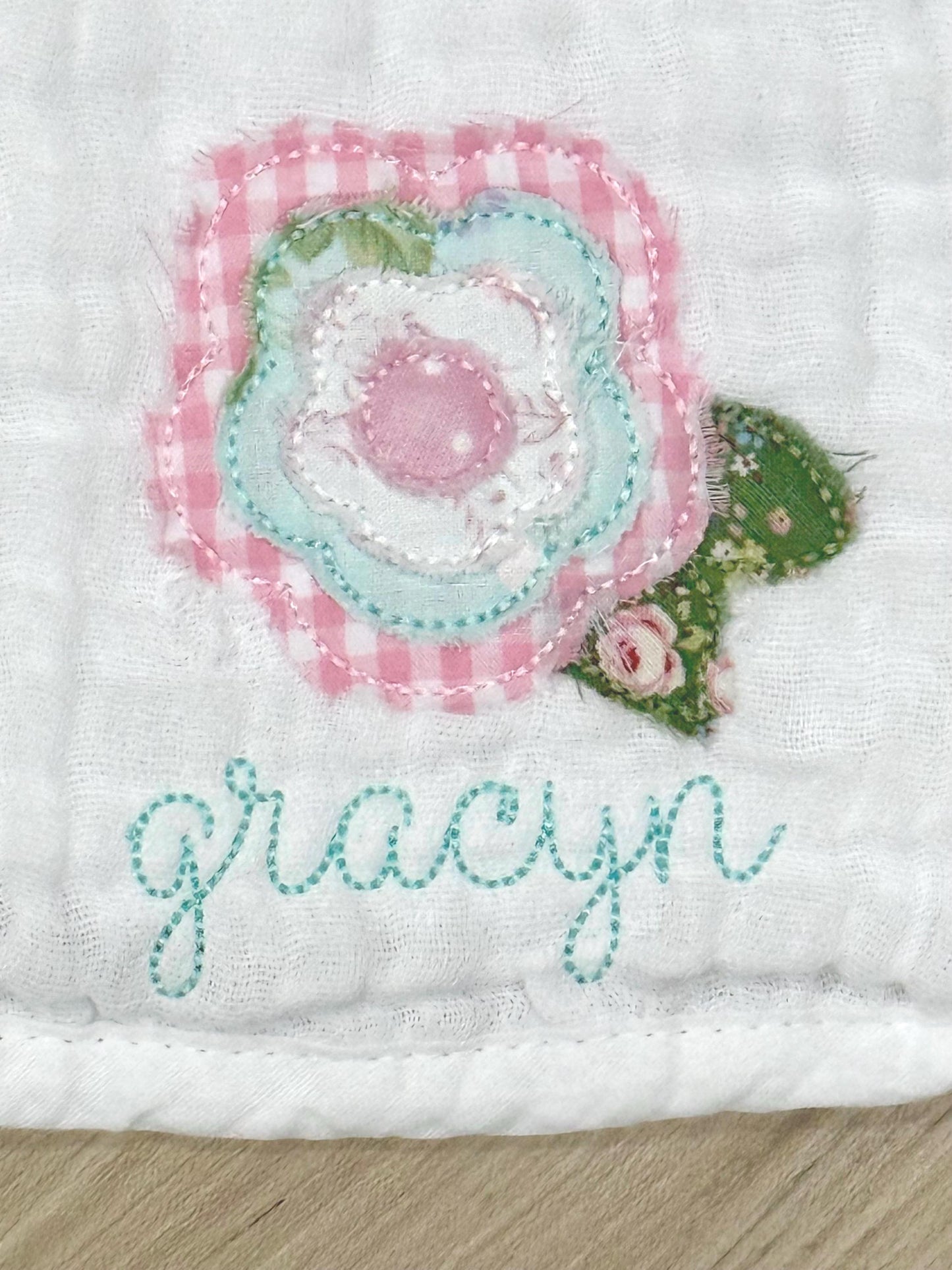 Custom Embroidered Muslin Baby Girl Burp Cloths and Bibs, Monogrammed Newborn Gift, Applique, Pink Bows and Floral Designs