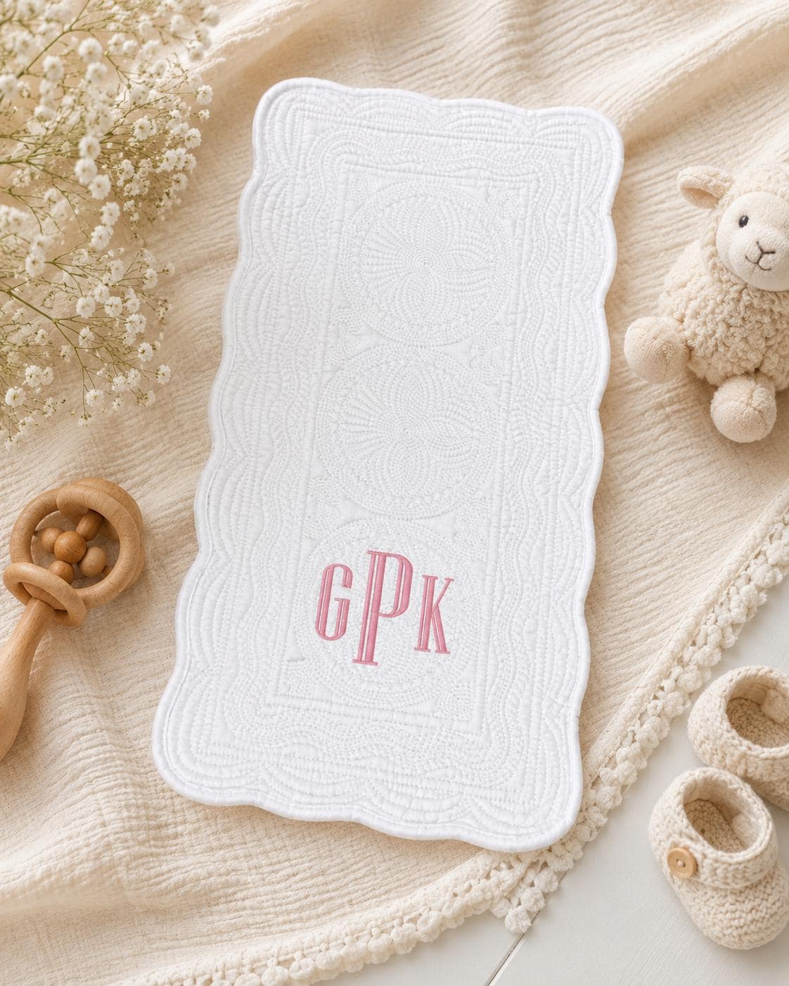 Personalized Heirloom Baby Burp Cloth | White Quilted Monogram Burp Cloth | Embroidered Baby Shower Gift | Newborn Keepsake