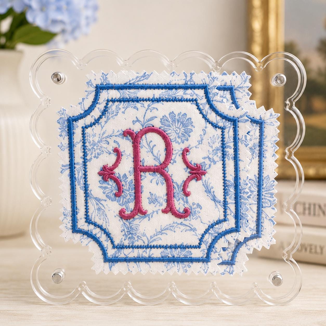 Personalized Acrylic Monogram Frame, Custom Embroidered Initial, Scalloped Magnetic Frame, Dorm Room Decor,  Nursery Decor, Sorority Gift