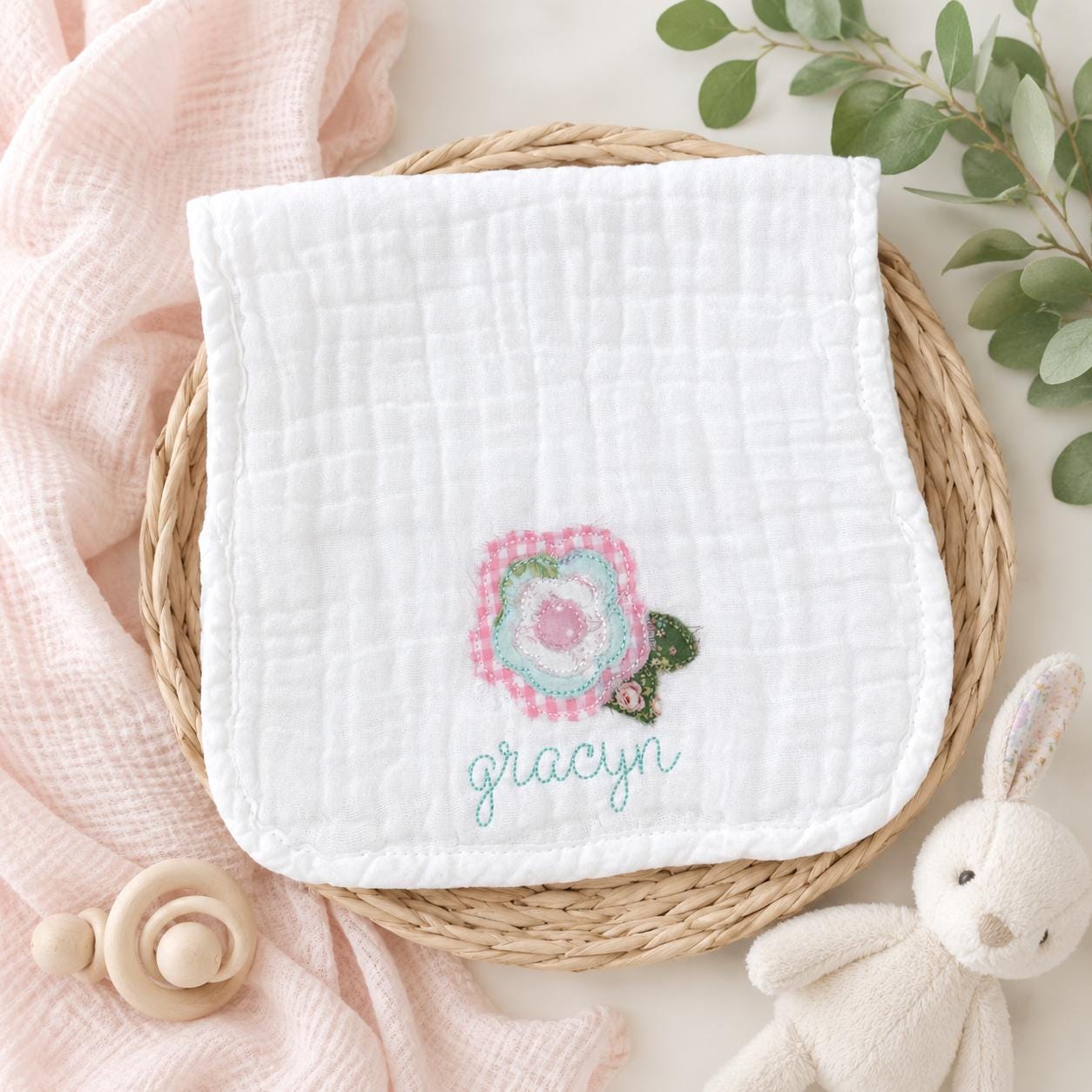 Custom Embroidered Muslin Baby Girl Burp Cloths and Bibs, Monogrammed Newborn Gift, Applique, Pink Bows and Floral Designs