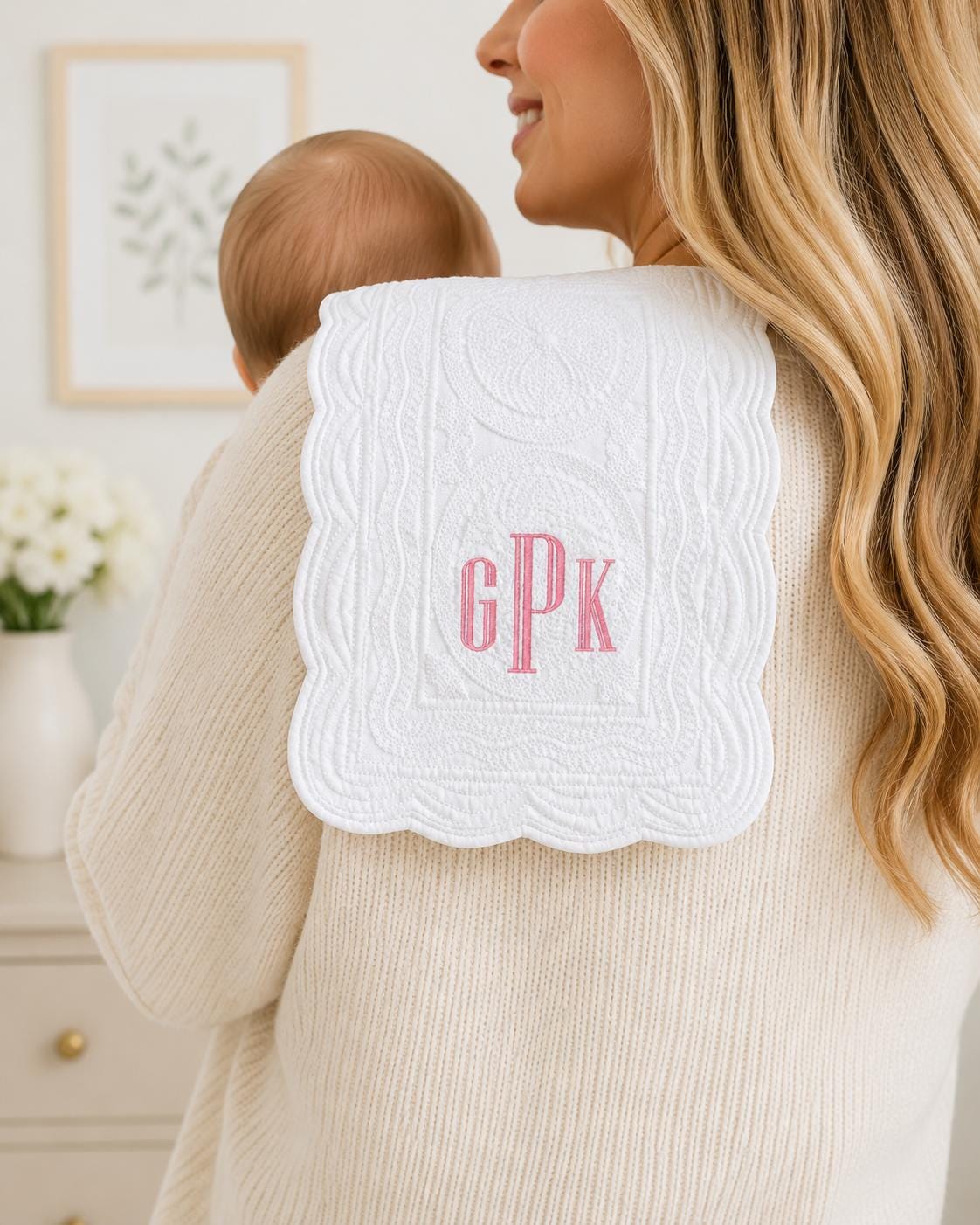 Personalized Heirloom Baby Burp Cloth | White Quilted Monogram Burp Cloth | Embroidered Baby Shower Gift | Newborn Keepsake