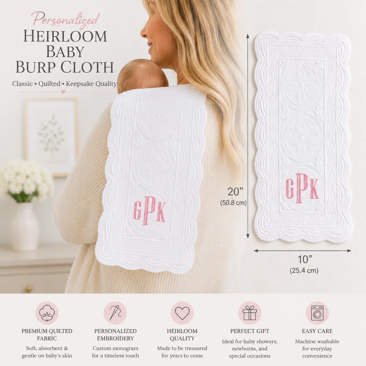 Personalized Heirloom Baby Burp Cloth | White Quilted Monogram Burp Cloth | Embroidered Baby Shower Gift | Newborn Keepsake