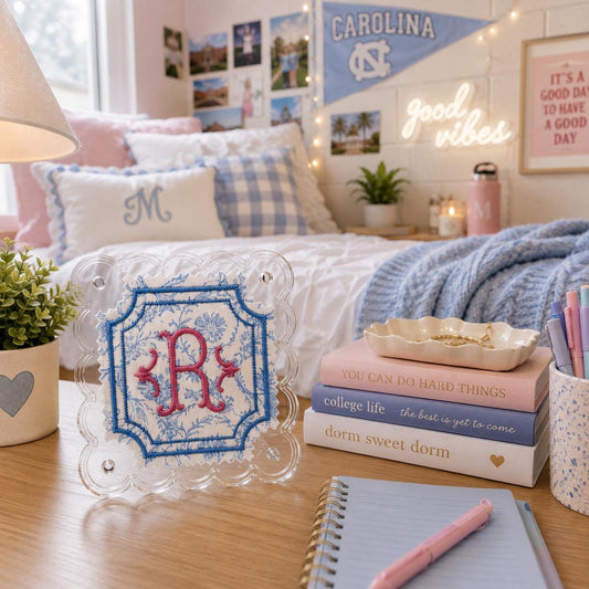 Personalized Acrylic Monogram Frame, Custom Embroidered Initial, Scalloped Magnetic Frame, Dorm Room Decor,  Nursery Decor, Sorority Gift